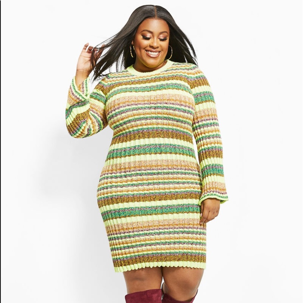 STRIPED BELL SLEEVE SWEATER DRESS
